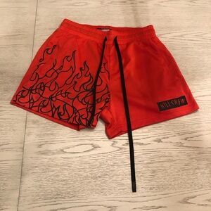 KILL CREW MUAY THAI FLAME SHORTS (MID THIGH CUT) - RED / BLACK SIZE MEDIUM